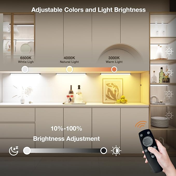 Under Cabinet Lighting Wireless with Remote,Rechargeable Battery Operated Closet Lights,3 Color Magnetic Dimmable led Strip Lights,Under Counter Lights for Kitchen,Shelf,Bedroom (Black, 40cm)
