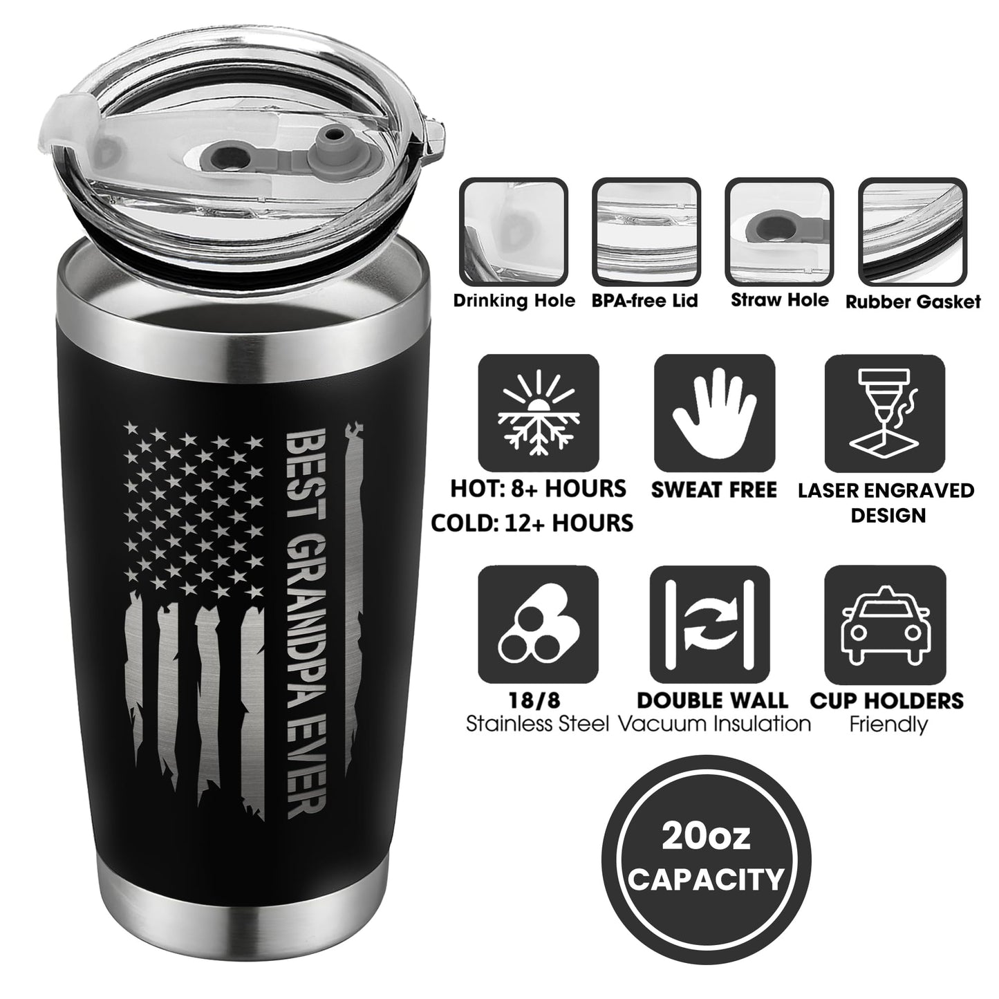 KATLADIZ Grandpa Gifts - Grandpa Birthday Gifts from Grandchildren - Fathers Day Gift, Birthday Christmas for Grandfather - Grandfather Gift Ideas from Granddaughter, Grandson - 20 Oz Black Tumbler