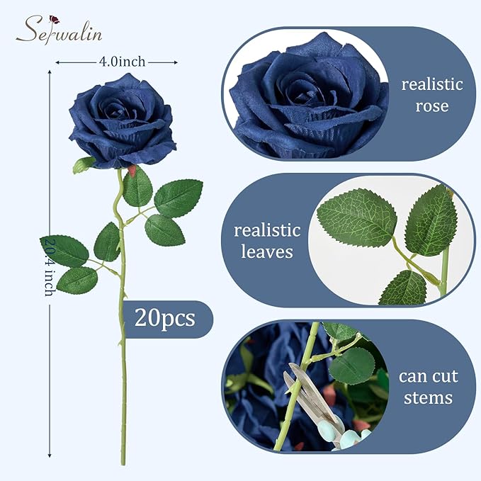 Serwalin 20pcs Navy Blue Artificial Roses, 4" Real Touch Silk Velvet Flowers, Long Stems Bouquet for Wedding, Home Decor, Table Centerpieces