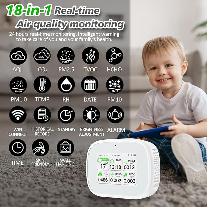 18-in-1 Smart Air Quality Monitor - Indoor WiFi Air Quality Detector with Dual Chip, Real-Time for AQI, CO2, PM2.5, PM1.0, PM10, TVOC, HCHO, Time, Temperature & Humidity with APP (White-White)