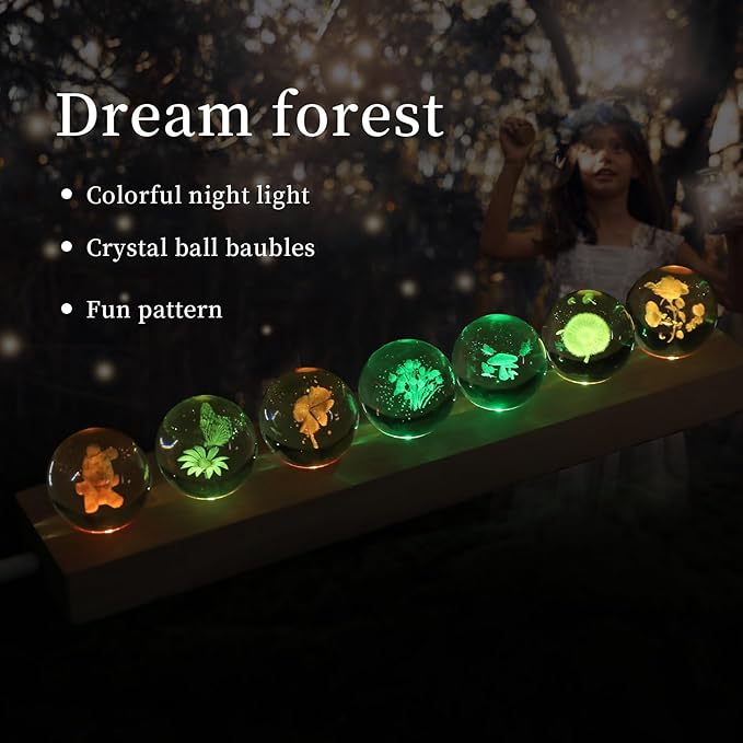 7 Pcs Flower Crystal Ball Night Light with LED Wooden Base, 3D Dandelion, Four-Leaf Clover, Mushroom, Rose, Tulip Plant Lamp for Home Office Gifts for Christmas Decor