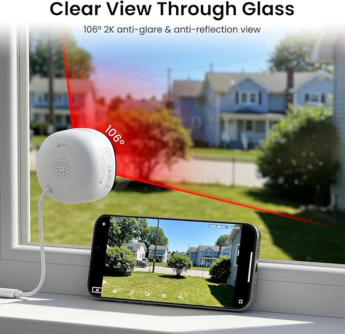2K Window Cameras for Home Security- 5Ghz & 2.4Ghz WiFi Window Camera, Color Night Vision, Motion & Human Detection, Continuous 24/7 Recording, Cloud(Optional) & Local Storage, K1 1P