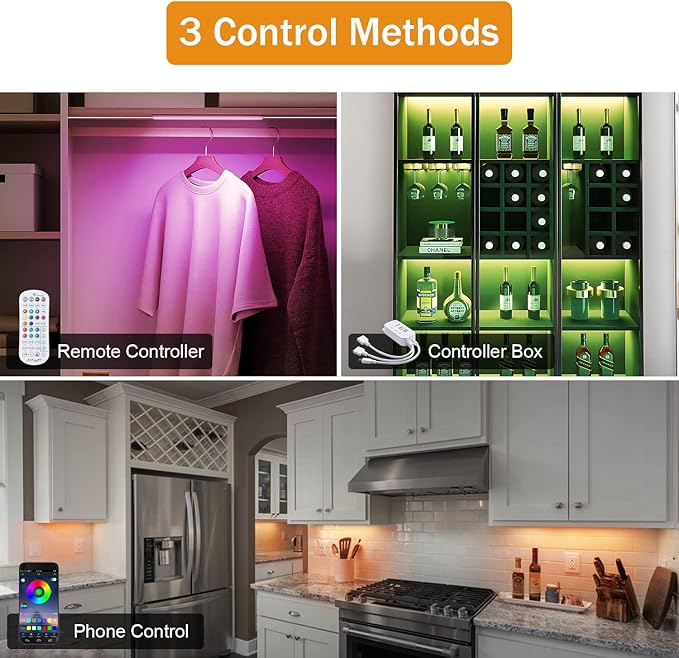 LABOREDUCER RGB Under Cabinet Lights,6 Pack Plug in or Hardwired Linkable RGB LED Closet Light with Remote and APP Control,24V Under Cabinet Lighting for Kitchen Closet Counter 18W(RGB+Cool White