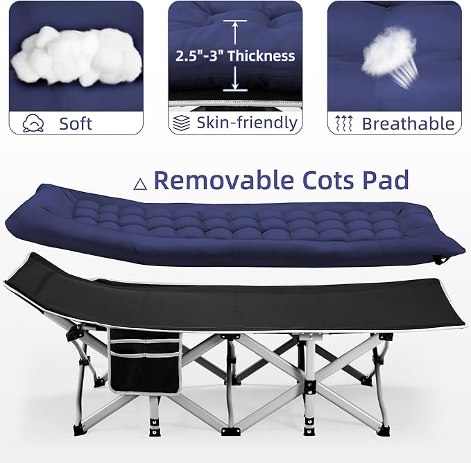 Portable Camping Cot, Sleeping Cot for Adult, 28" Extra Wide Heavy Duty Folding Cot with Thick Mattress, Portable Camping Bed for Outdoor Camping/Office, Home Nap 2Pcs (Blue)