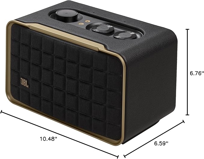 JBL Authentics 200 - Retro Style Smart Home Speaker with Built in Wi-Fi, Bluetooth and Voice Assistants, Alexa and Google Assistant, Multi-Room Playback, Automatic self tuning (Black/Gold)