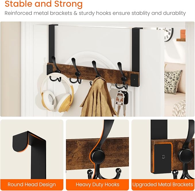 Homode Over The Door Hooks for Hanging, Heavy Duty Wood Over Door Hanger Hook, Over The Door Towel Coat Rack for Bathroom, Back of Door Hooks for Hanging Towels, Clothes, Hats, Rustic Brown Black