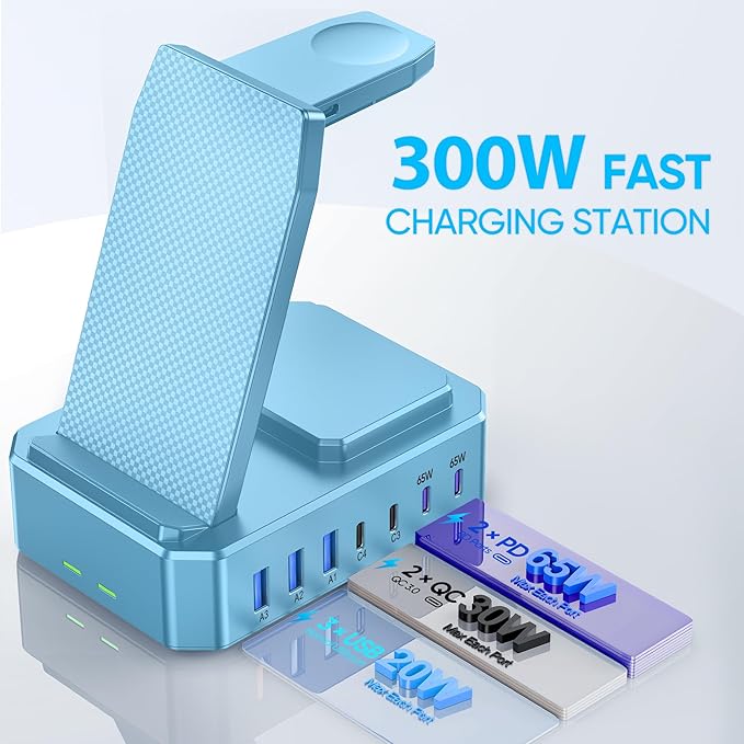 300W Charging Station for Multiple Devices Apple, Zutspzss 10 in 1 Wireless Charger for iPhone 16, GaN III USB C 65W PD Fast Charging Stand Dock for Apple Watch&Airpods,Blue