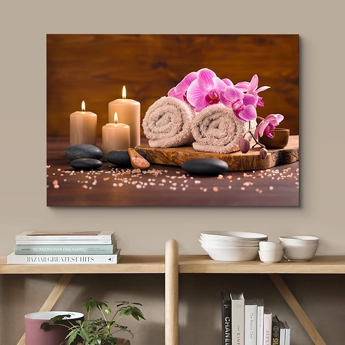 wall26 Canvas Print Wall Art Meditation Orchid Flower Massage Stones Zen Candles Nature Wilderness Photography Realism Rustic Landscape Colorful Multicolor for Living Room, Bedroom, Bathroom - 16"x24"