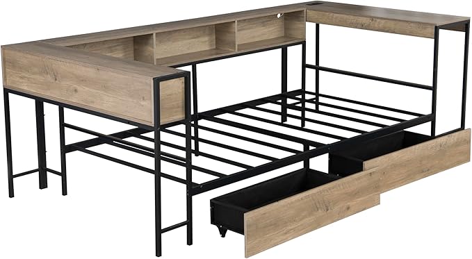 Full Corner Bed Frame with Desk and Storage Bookcase, L- Shaped Daybed with 2 Drawers, LED Lights & 2 Charging Station, Modern Metal Full Size Platform Bed for Kids/Teen Bedroom, Brown