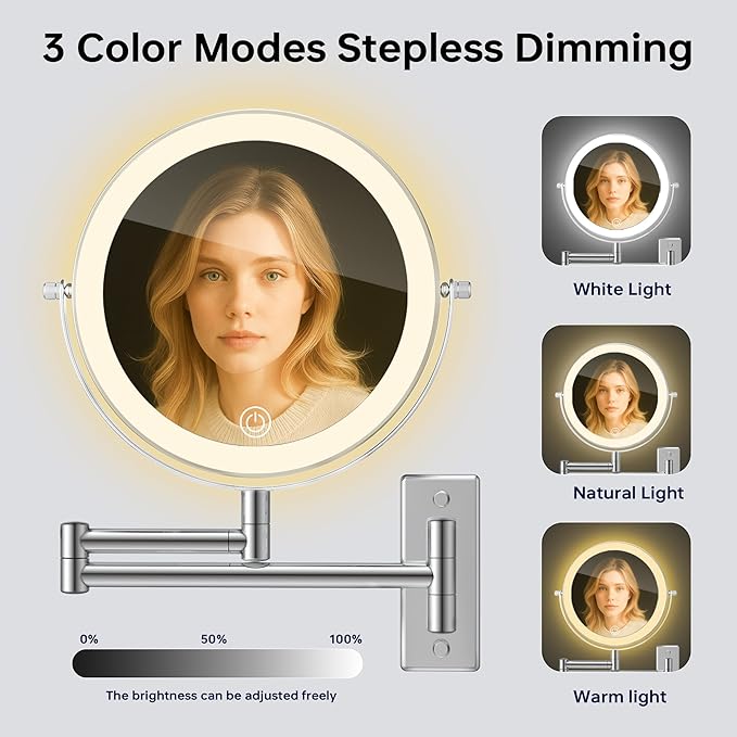 1X/20X Wall Mounted Makeup Mirror with Lights, 8" Double Sided Bathroom Magnifying Mirror with 360° Extension Arm, Dimmable, Rechargeable, Touch Control, Chrome