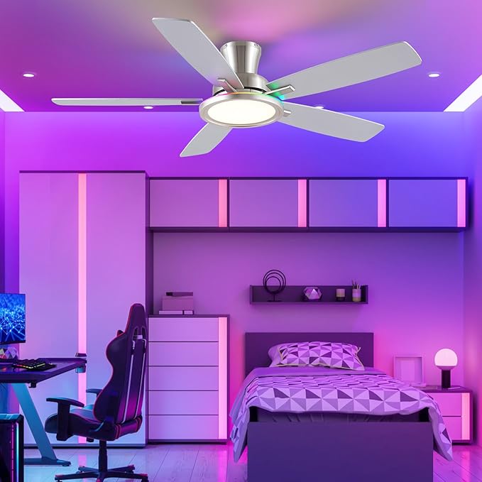 52" RGB Ceiling Fan with Light and Remote/App - Flush Mount Ceiling Fan Light with Reversible Mute Motor, RGB Ring, 5 Dual-Sided Blades, Low Profile Ceiling Fans for Indoor, Party