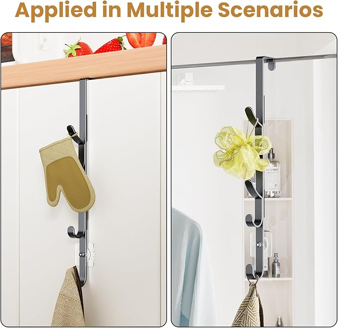 Over The Door Hooks, Metal Door Hooks for Hanging, Over The Door Purse Organizer for Coat Hanger, Back of Shower Door for Hanging Towel Rack Clothes, Hat, Bathroom, Closet (Black-3Packs)