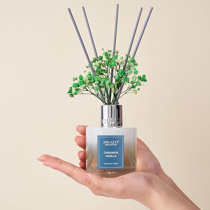 Airkeep Reed Diffuser Set,3.38 fl oz (100 ml) - Cinnamon Vanilla Oil Diffusers with 8 Reed Sticks, Home Fragrance Reed Diffuser for Bathroom Shelf Decor