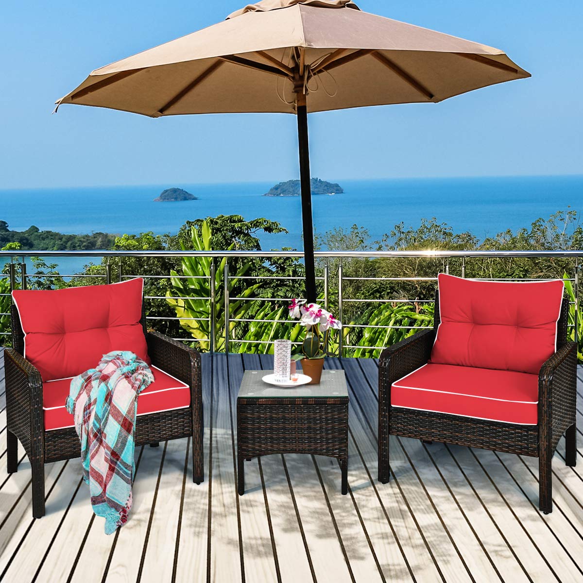 Tangkula 3 Piece Outdoor Patio Furniture Set, Wicker Chairs Set with Glass Top Coffee Table, Thick Cushions, All Weather Garden Lawn Poolside Backyard Porch Furniture Set for 2 (Red)