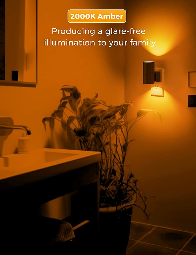 L LOHAS LED Night Light, Amber Nightlight, Dimmable Night Light, Light Sensor, Yellow Nightlight, 0-100LM, Sleep Light for Kids, Soft & Warm Light for Bedroom, Bathroom, 2 Pack