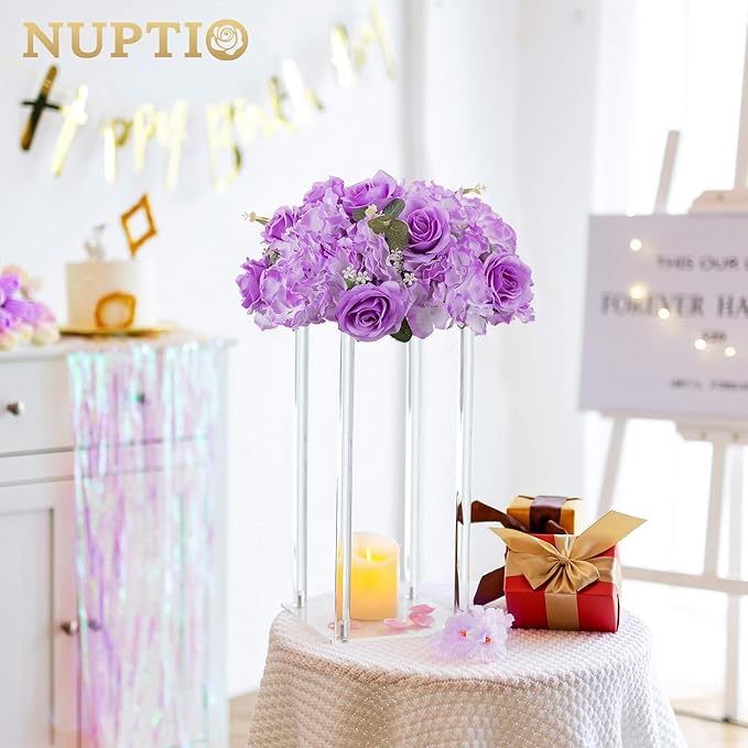 NUPTIO Flower Balls for Centerpieces Wedding: 2 Pcs 14.2 inch Diameter Artificial Flower Ball Arrangement Bouquet Centerpiece for Tables - Light Purple Fake Rose Flowers for Wedding Decor