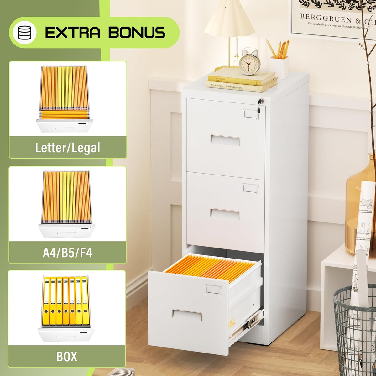 Crownland Lateral File Cabinet with 3 Drawers, 15" W Metal Lockable Office File Cabinets for Home Office- Stores Letter/Legal/A4/F4 Files(White)
