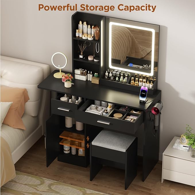 Vanity Desk with Mirror and Lights & Extral Foldable Desk, 35.43" & 43.3" Makeup Vanity Table with Stool and Plug Outlet, 5 Drawers and Open Shelves Dressing Table for Bedroom,Black