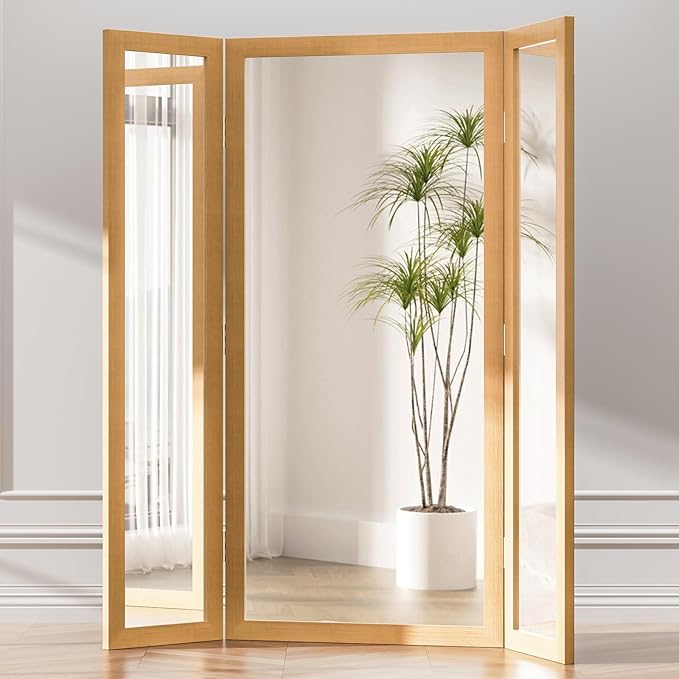 Trifold Mirror Full Length with Tempered Glass, 3 Way Oversized Extra Large Floor Mirror with Wood Frame, Decorative Mirror for Home,Wedding Dress/Clothing Shop/Bedroom/Closet, 71"x67" (Brown)
