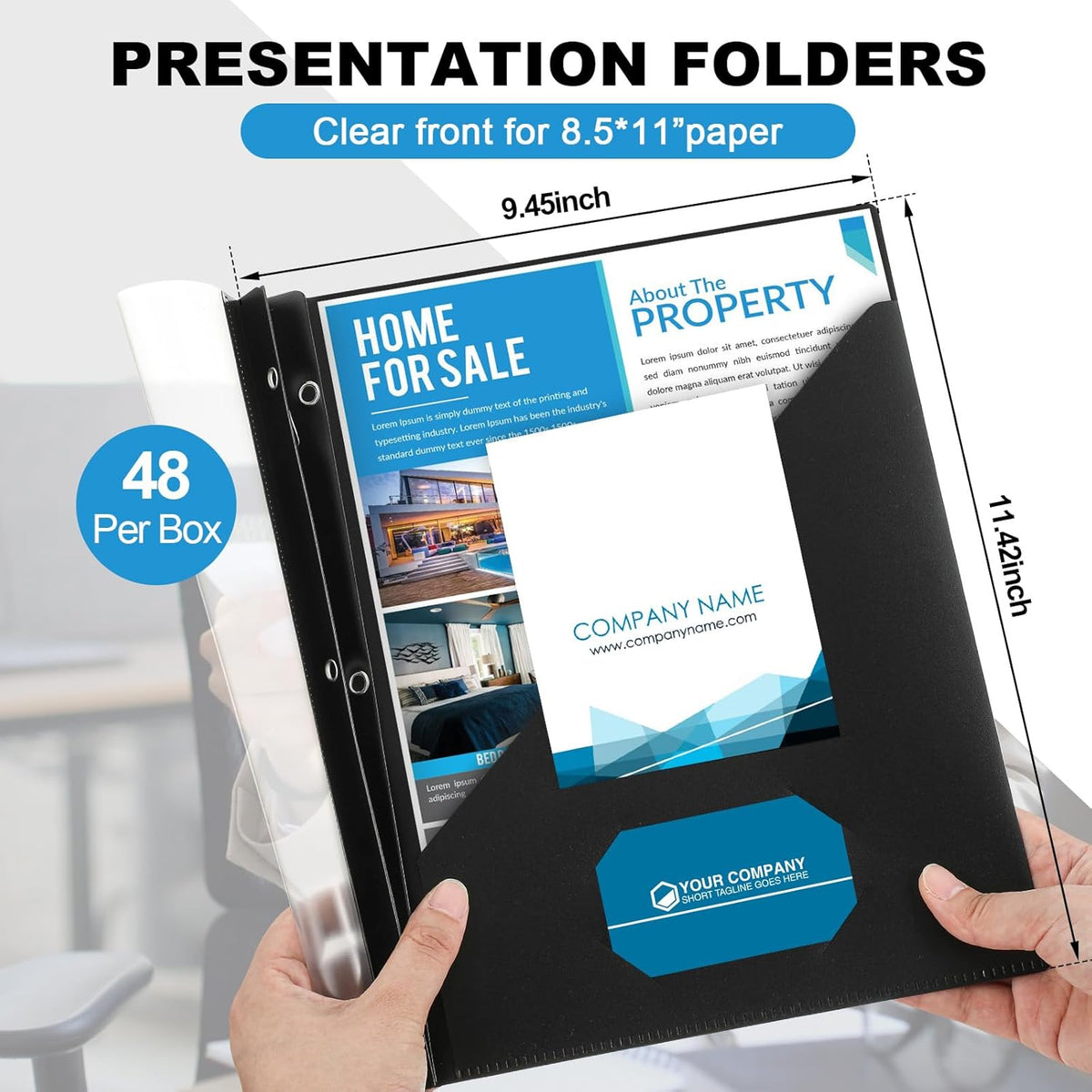 Teling 48 Pack Clear Front Report Covers with 3 Prongs Fasteners, 11.42 x 9.45 Inch Plastic Presentation Folders Bulk, 90 Sheet Capacity, Book File Covers for Office School Business, Black