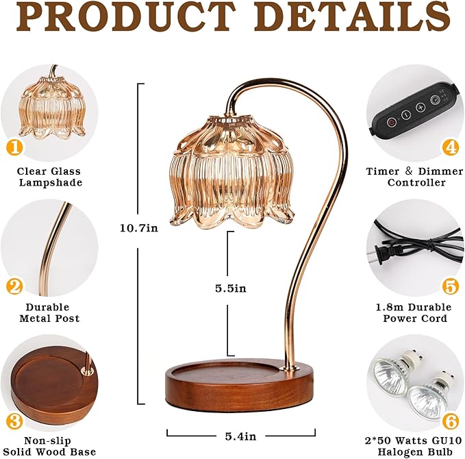 Flower Candle Warmer Lamp with Timer, Dimmable Candle Lamp Warmer, Christmas Birthday Gift for Women Mom, House Warming for New Home Decor, Lotus Wax Melt Warmer for Jar Candles
