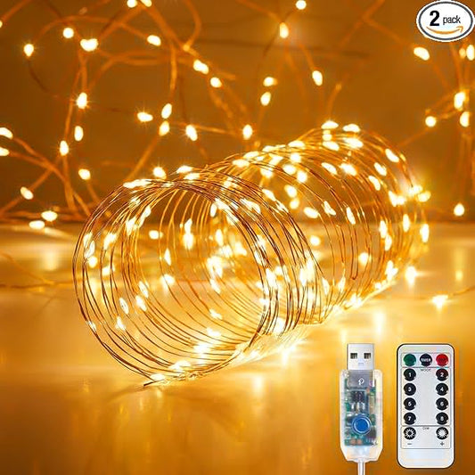 2 Pack 32. 8 ft. USB Powered Fairy Lights with Remote & Timer, 100 LED USB Twinkle String Lights - Silver Wire, 8 Modes, Waterproof, Warm White Starry Lights for Party, Wedding, Christmas