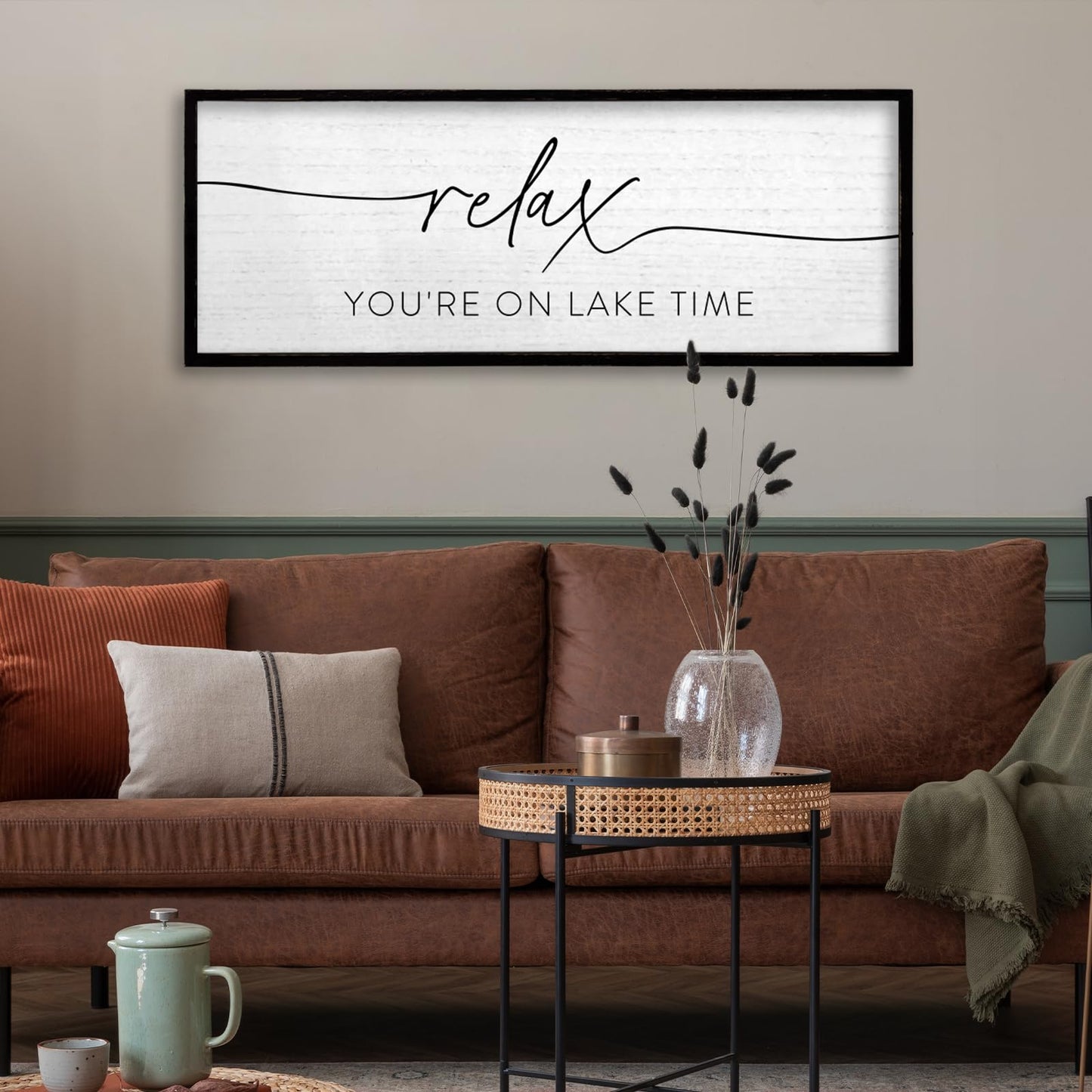 TQianJiang Relax You're On Lake Time Wall Decor 32"×12"" Lakeside Quote Sign Lake House Decor for Living Room Bedroom Large Rustic Wooden Framed Wall Hanging Art (Black)"