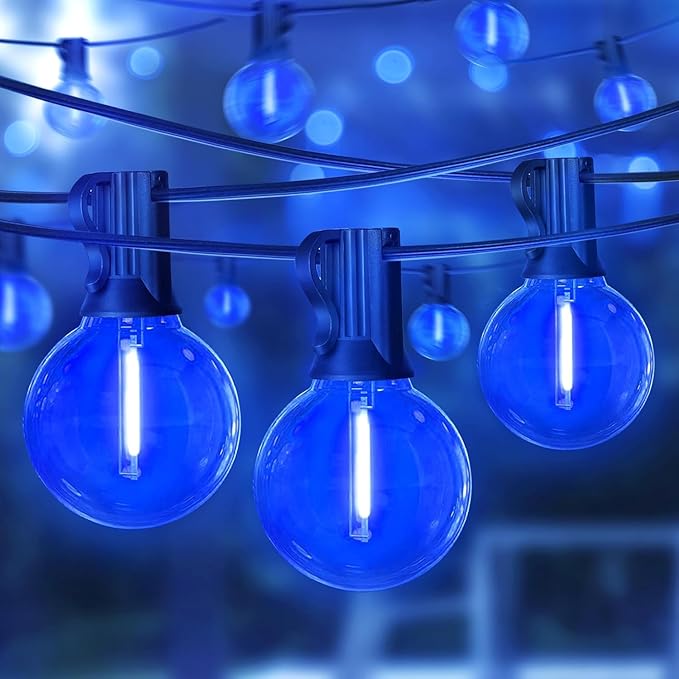 LAMPHOME LED Outdoor String Lights, 4 Pack 26FT Patio Lights with 12+1 Edison Shatterproof Bulbs(1 Spare), UL Waterproof Connectable Dimmable Outside Lights for Hanukkah, Backyard Porch Decor, Blue