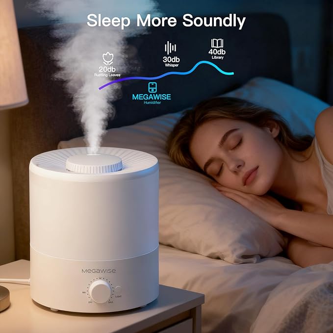 Megawise Cool Mist Humidifier with Top Refill Design, 2L Capacity, High Mist Output, No Leakage, and 7 Color Night Light
