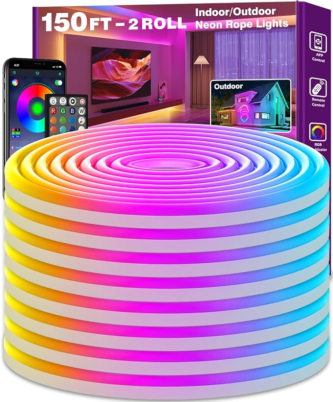 SINLEY Led Neon Rope Lights 150FT,Control with App/Remote,Flexible Led Rope Lights,Multiple Modes,IP68 Outdoor RGB Neon Lights Waterproof,Music Sync Gaming Led Strip Lights for Bedroom Indoor