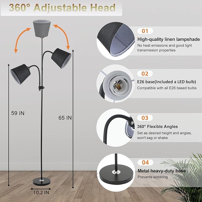 AoMck Floor Lamp, Industrial Metal Floor Lamps for Living Room with Adjustable Bendable 2 in 1 Reading Table Lamps for Living Room Bedroom Office (W2+Linen)