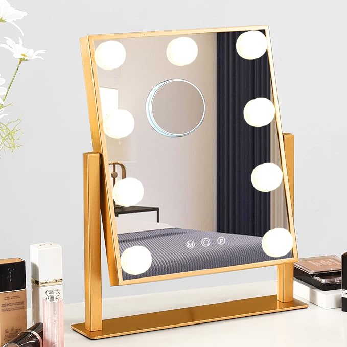 Vanity Mirror with Lights, Hollywood Mirror Lighted Makeup Mirror with 9 LED Bulbs, Touch Control Design 3 Colors Dimmable Bulbs Detachable 10X Magnification 360°Rotation(Gold)