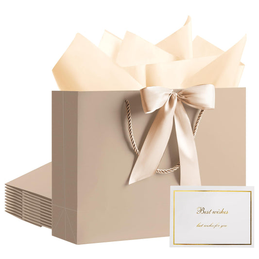 PASEOTA 12.6" Gift Bags Bulk, 10 Pcs Gift Bags with 20 Tissue Paper 10 Greeting Cards, Luxury Bag with Handles for Anniversary Wedding Birthday Christmas (Champagne)