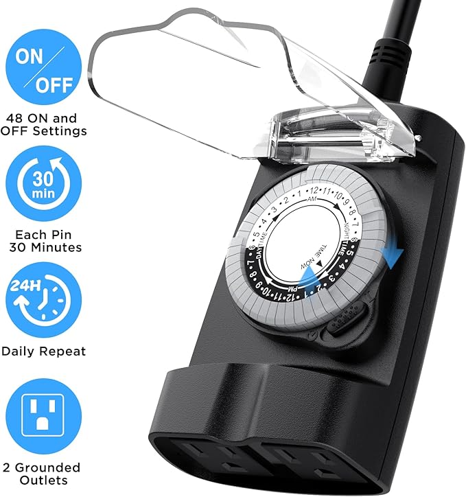 G-ELEK Outdoor Timer Waterproof, 24 Hour Light Timer, Timers for Electrical Outlets, Ideal for Pool Pump, Christmas Lights, Heavy Duty, 2 Grounded Outlets, ETL Listed, Black