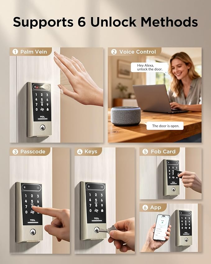 TCL D2 Pro Smart Lock with Palm Vein Recognition, Keyless Entry Door Lock for Front Door, Wi-Fi Keypad Deadbolt, App Remote Control, Auto Lock, Rechargeable Battery, Compatible with Alexa & Google