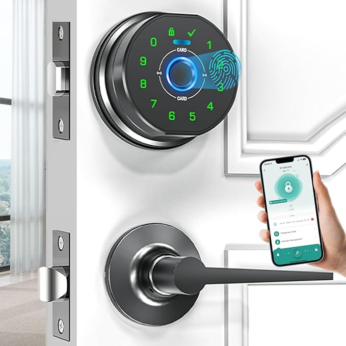 keyless Entry Door Lock deadbolt with Handle Set- Front Door Fingerprint Smart Locks with 2 Lever Handles-Keypad Code Deadbolt -App Control,Auto Lock,Easy to Install