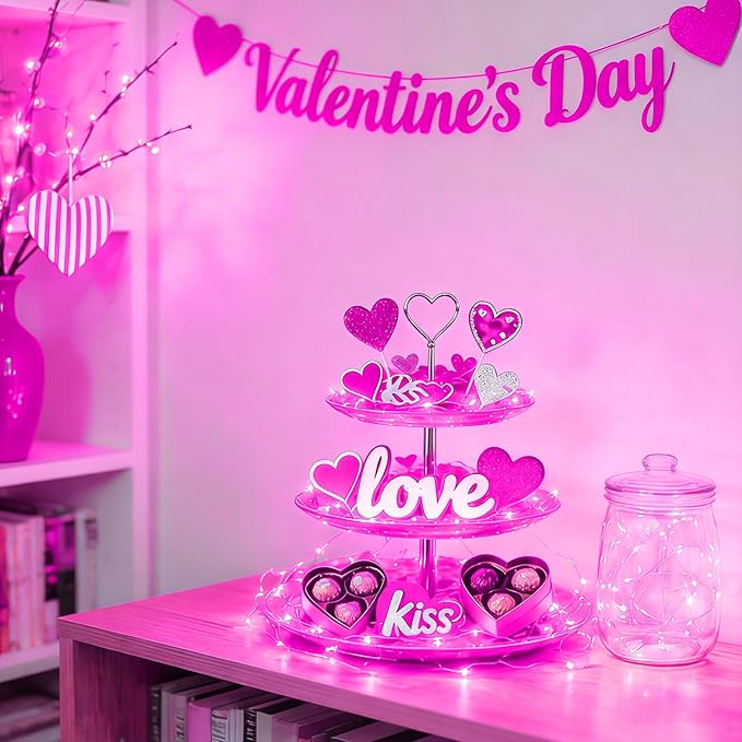 6 Pack Pink Led Fairy Lights Battery Operated, Valentines String Lights Waterproof Silver Wire 7 Feet 20 Led Firefly Starry Moon Lights for DIY Wedding Galentine's Day Valentine's Day Party Bedroom