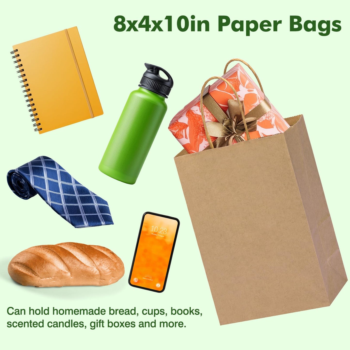 OUTUXED 150pcs Brown Paper Gift Bags, 8x4x10in Brown Kraft Paper Bags with Handles Bulk Medium Size for Retail, Shopping, Wedding, Favor, Birthday Party, Business, Grocery
