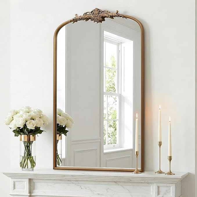 Besdomus Vintage Gold Arched Mirror: 24"x42" Large Arch Gold Antique Wall Mounted Mirror - Traditional Ornate Home Decor for Entryway/Fireplace/Bathroom - Idea for High-Income Homemakers