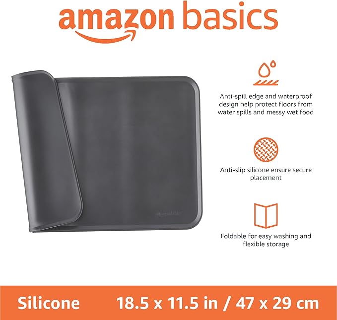 Amazon Basics Waterproof Anti-Slip Silicone Cat & Dog Food Mat, Pet Mats with Raised Edges for Food and Water Bowl to Protect Floors, 18.5 x 11.5 Inches, Black, Solid