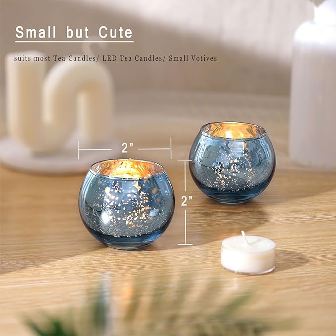 LAMORGIFT 12 PCS Blue Mercury Glass Votive Tealight Holders - Blue Centerpieces for Bridal Shower Decorations, Wedding Table Glass Decor