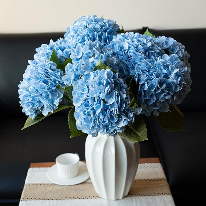 4PCS Artificial Flowers Large Hydrangeas Flowers Latex Bouquet for Wedding Bridal Office Home Party Decoration (2Pcs White+2Pcs Blue)