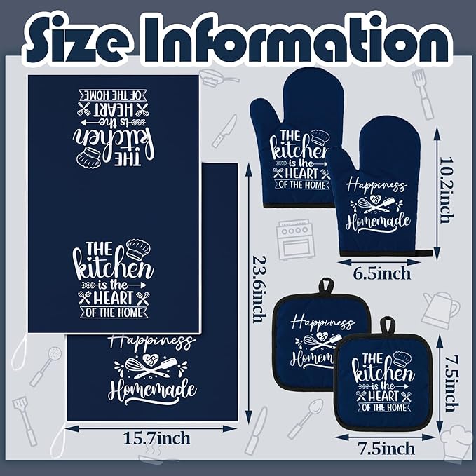 Sratte 6 Pcs Kitchen Decor Accessories Set Farmhouse Towels Pot Holders Oven Mitts Set 2 Dish Towels 2 Potholders 2 Cooking Mittens Oven Glove for Christmas Baking Cooking Supply(Blue,Kitchen)