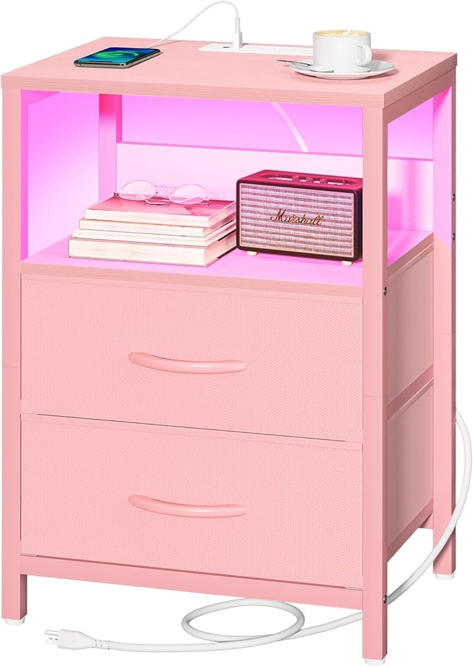 Yoobure Nightstand with Charging Station, LED Night Stand with Fabric Drawers and Storage Shelf for Bedroom, Nightstands Bedside Tables with USB Ports & Outlets, Small Night Stands, Bed Side Table