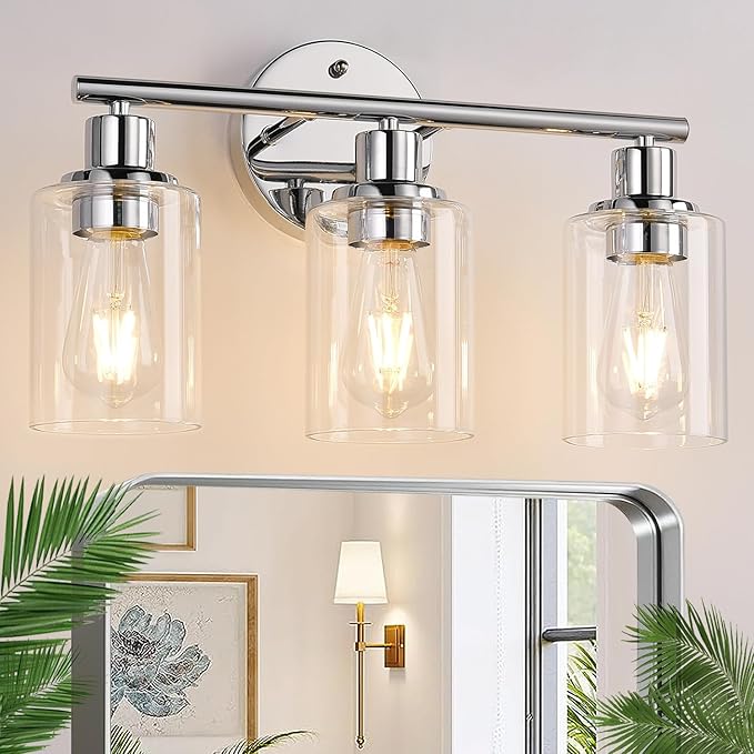 3-Light Bathroom Light Fixtures, Chrome Bathroom Wall Light with Clear Glass Shade, Bathroom Wall Lamp for Mirror Kitchen Living Room Hallway Cabinet
