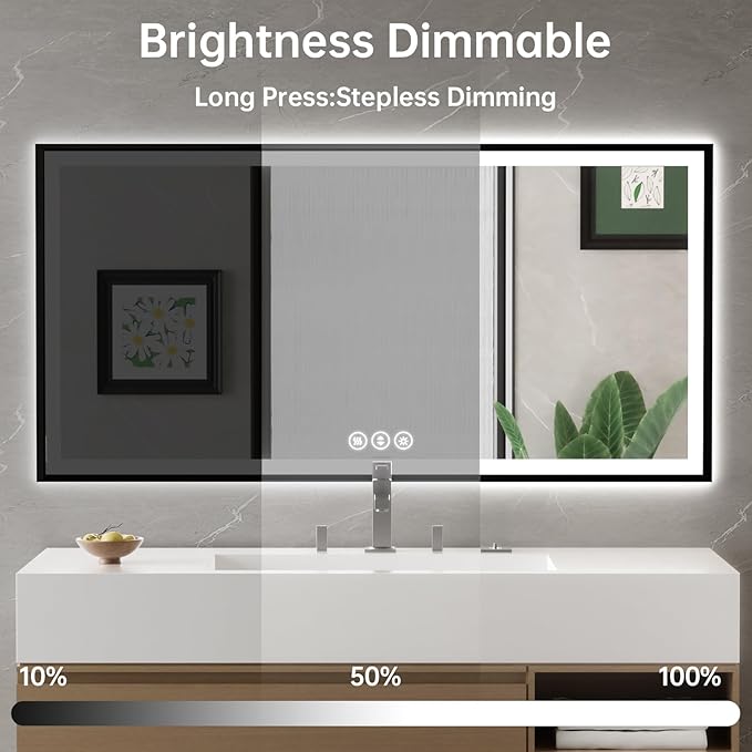 55x30 LED Bathroom Mirror with Lights, Black Aluminum Framed, Backlit + Front Lit, Lighted Bathroom Vanity Mirror for Wall, Anti-Fog, Memory Function, Dimmable, Shatterproof ETL Listed