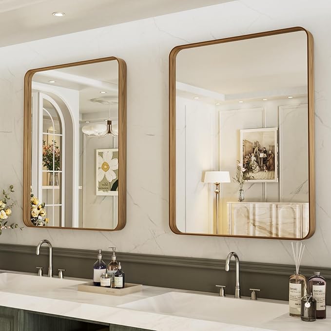 LOAAO 28X36 Bathroom Mirror with Wood Grain Colored Metal Frame, Rounded Rectangle Metal Framed Bathroom Mirror, Anti-Rust, Hangs Horizontally or Vertically