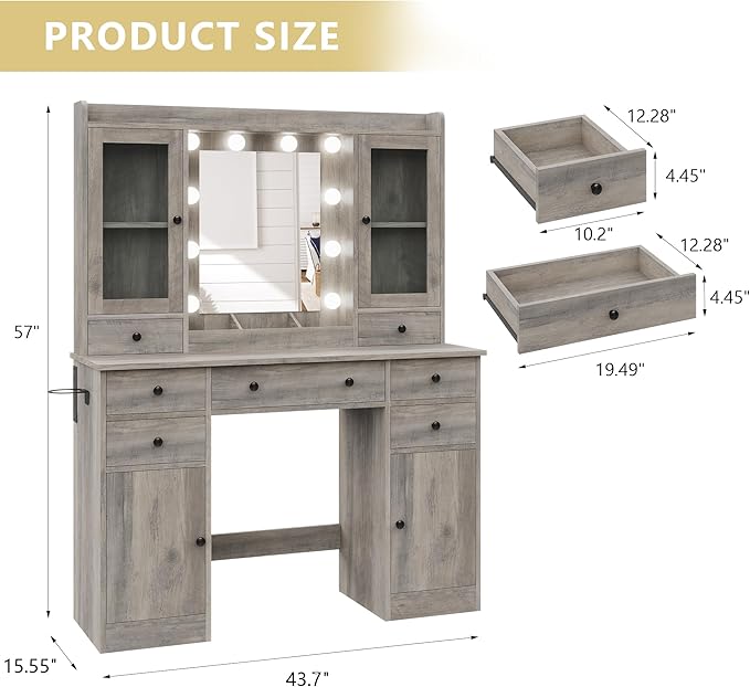Makeup Vanity Desk with Mirror and Lights, Grey Vanity Table Set with Storage Drawers, Charging Station & Cabinets, Large Dressing Table with RGB Ambient Light for Women Girls Bedroom Bathroom