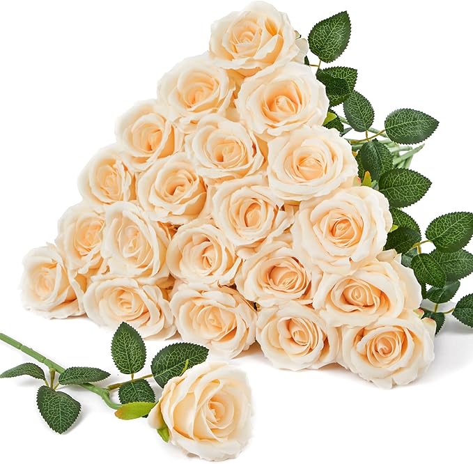 Serwalin 20pcs Artificial Roses, 4'' Big Flower Head, Champagne Velvet Silk Roses, Fake Roses Long Stem Realistic Bouquet for Wedding Table Centerpiece