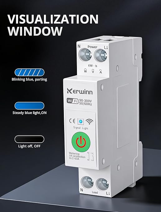 WiFi Smart Circuit Breaker 1P+N, 24-Hour Energy Monitoring, DIN Rail Mount, Smart Life/Tuya APP Remote Control & Voice Control Compatible with Alexa/Google Assistant (1-63A)